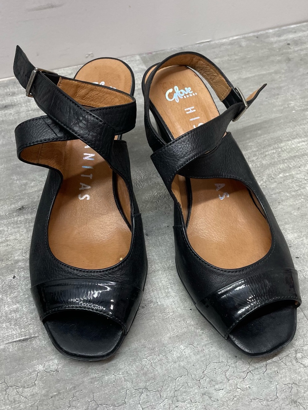 Hispanitas Slingback Heels Womens 39 Black Excellent Leather Patent‎ Peep Toe